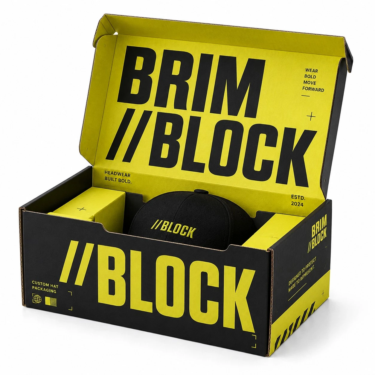 custom hat shipping box brim block bold design