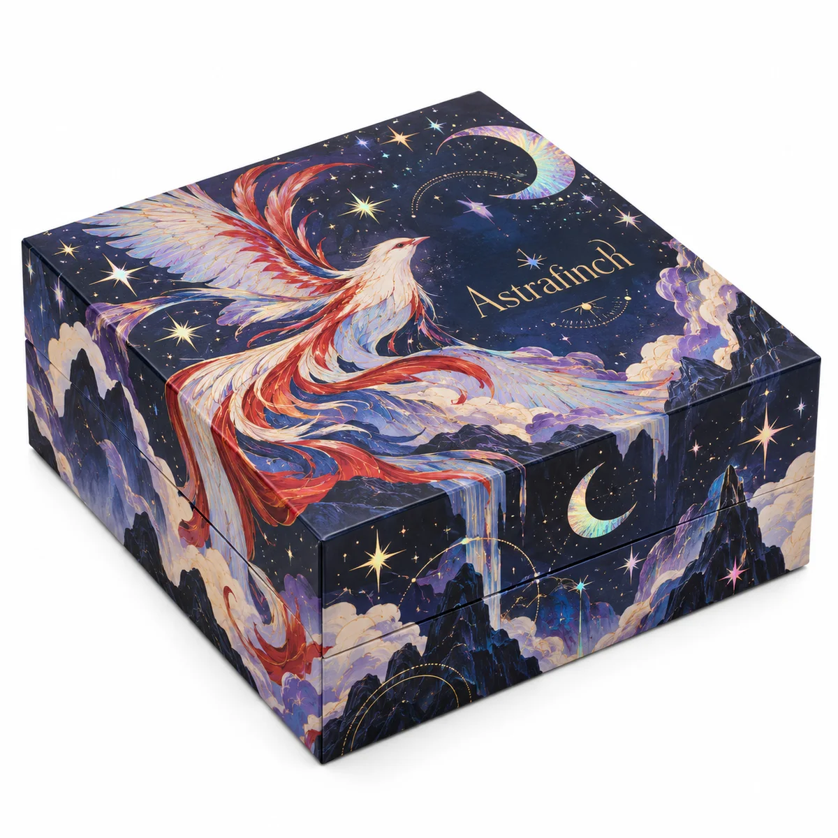 Astrafinch holographic rigid box with an illustrated flying bird, midnight blue starry sky, and reflective crescent moon details.