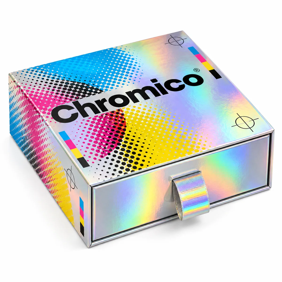 Chromico holographic rigid drawer box showing colorful CMYK halftone printing, a silver rainbow finish, and a ribbon pull tab.