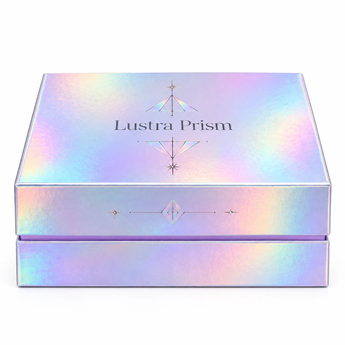 Front-facing holographic rigid box with a centered prism emblem, branded lid, and lilac seam above the base.