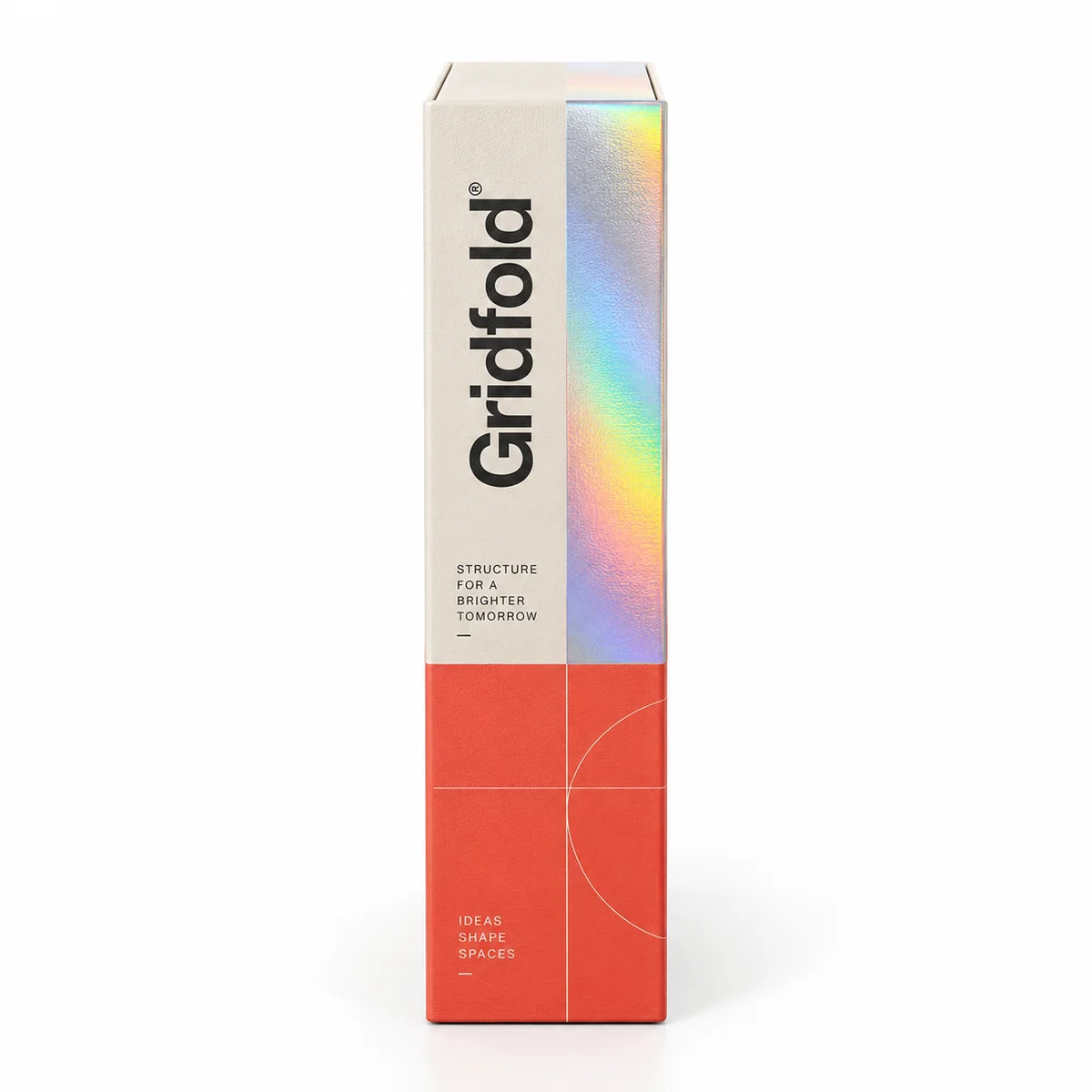 Side profile of a Gridfold rigid packaging box with vertical black typography, coral panels, and a reflective holographic strip.