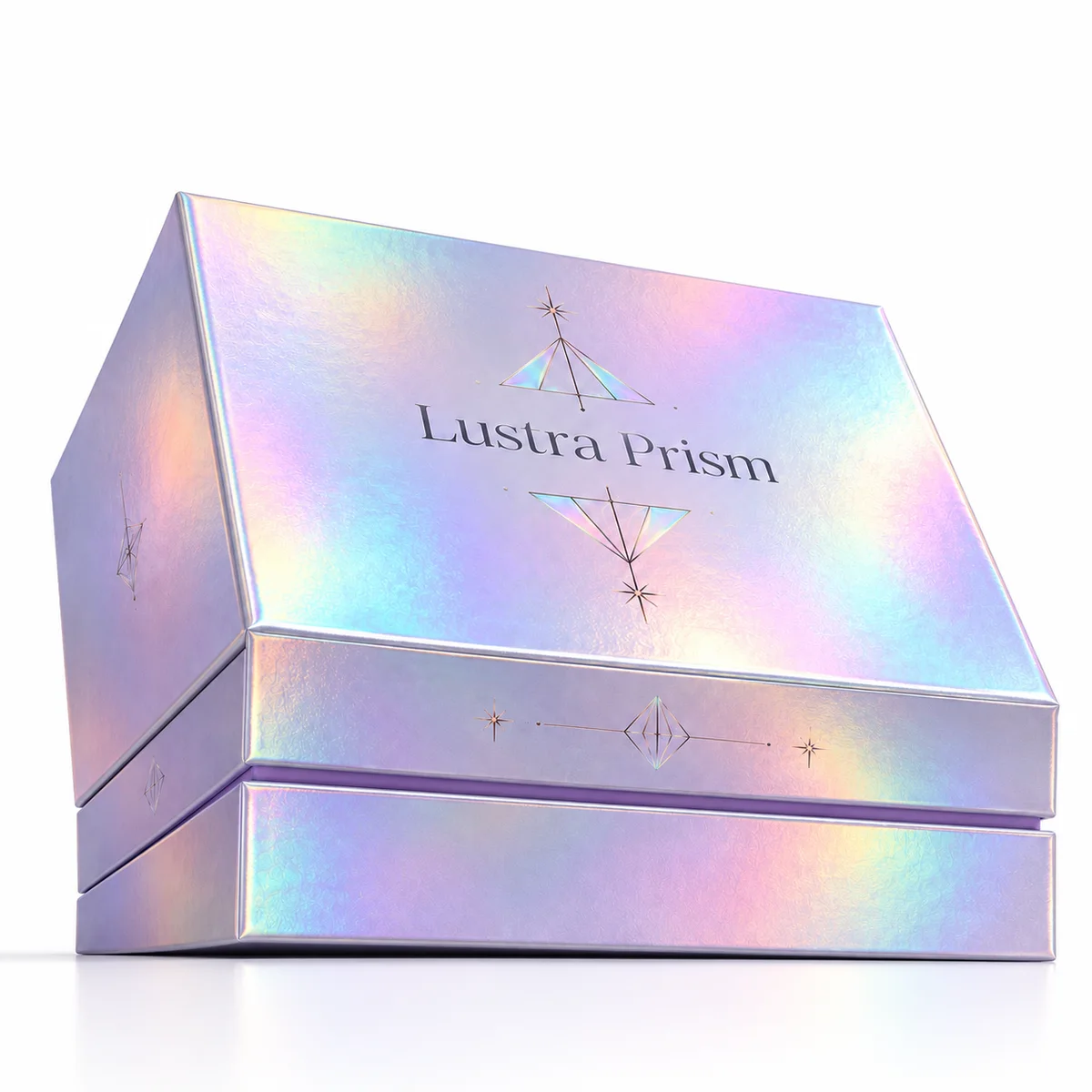 Low-angle view of the Lustra Prism holographic rigid box highlighting its sharp edges, thick lid, and shimmering pastel finish.