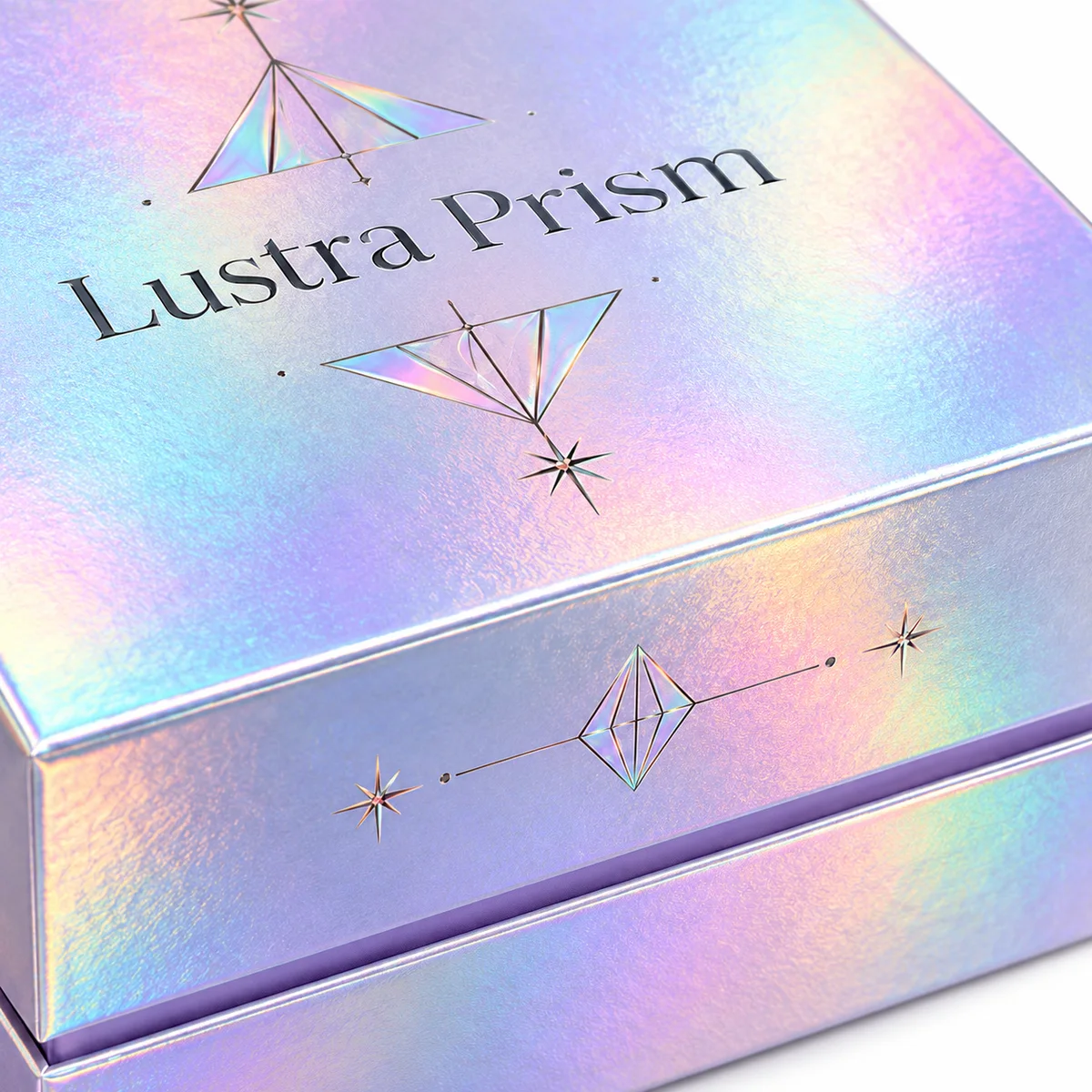 Close-up of holographic rigid box packaging showing rainbow surface texture, geometric printing, and the lid-to-base seam.
