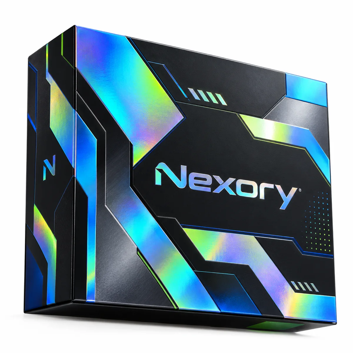 Nexory holographic rigid tech box with a black surface, bold geometric panels, and reflective electric blue and cyan accents.