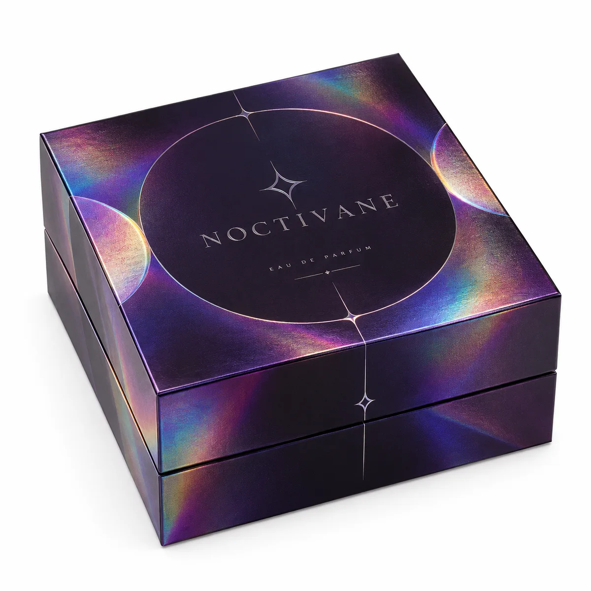 Noctivane holographic rigid perfume box with deep purple surfaces, a circular silver foil design, and subtle rainbow reflections.