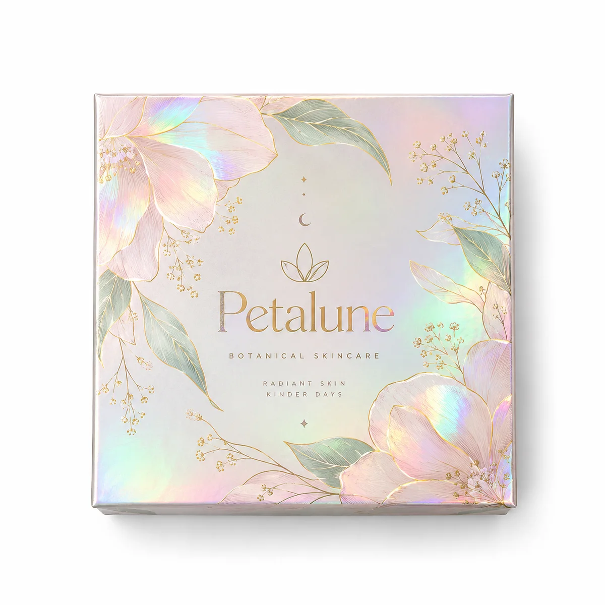 Top view of a Petalune holographic rigid skincare box with pastel botanical illustrations, metallic lettering, and iridescent highlights.