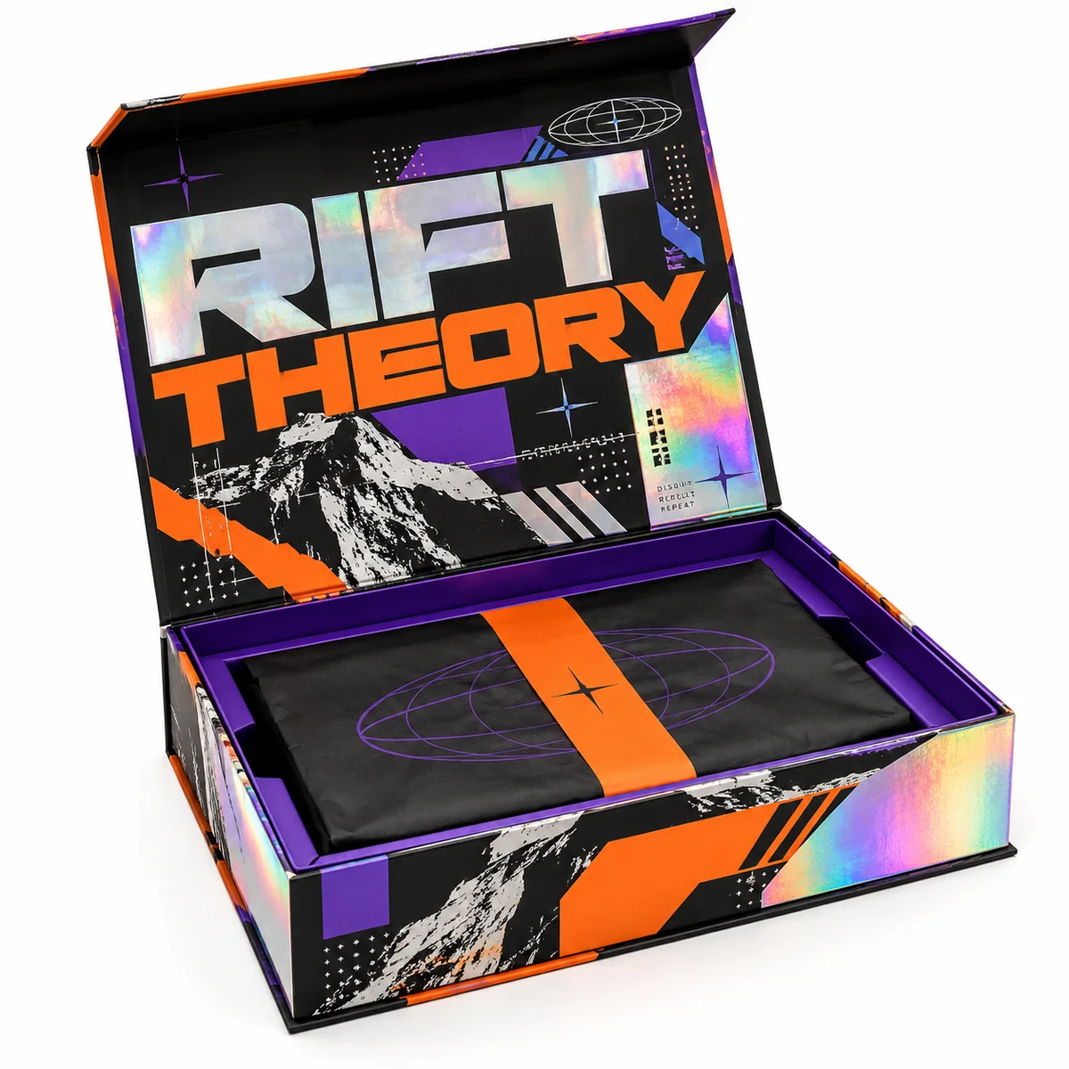 Open Rift Theory holographic rigid presentation box with oversized orange lettering, a purple-lined interior, and a black insert.