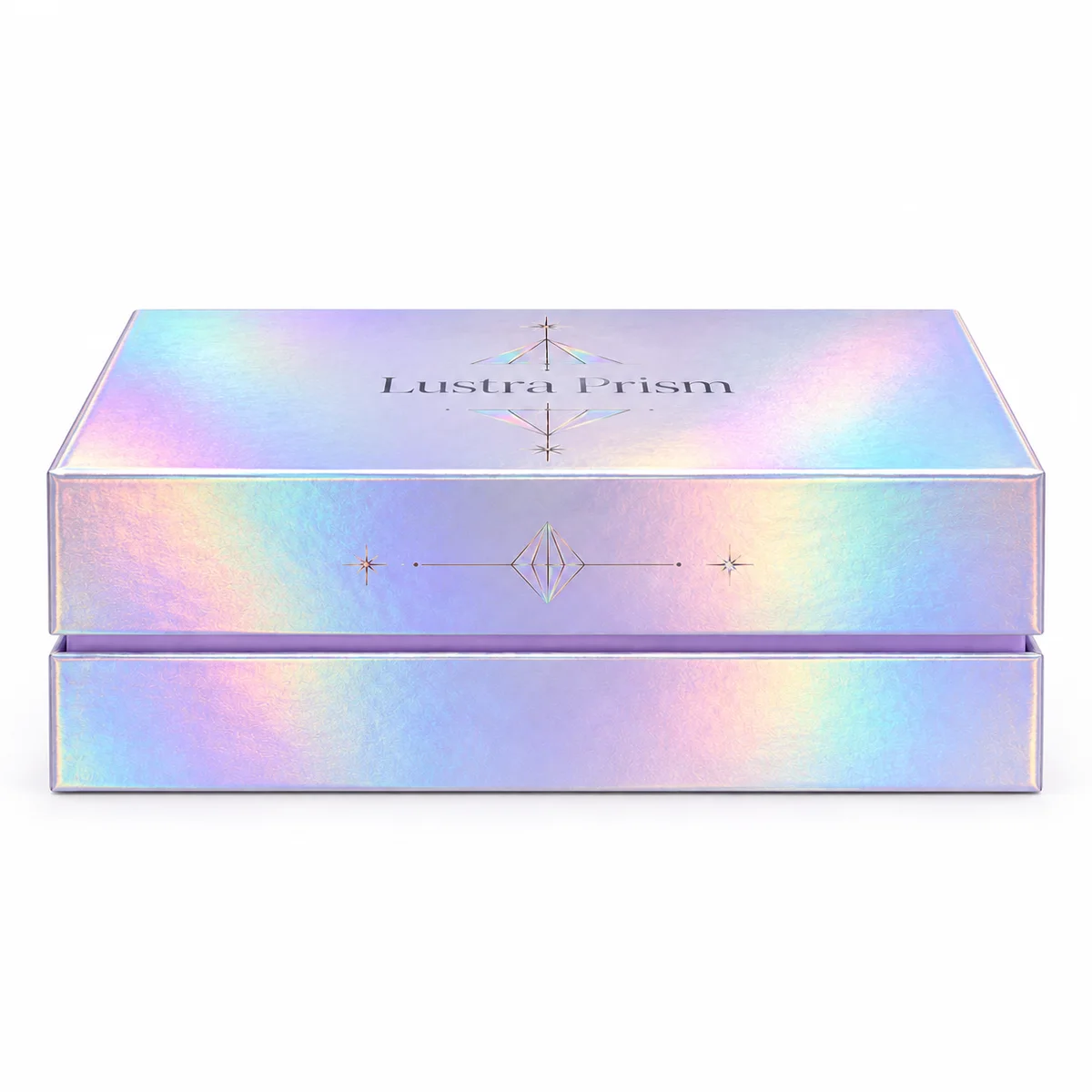Side view of a holographic rigid box with a decorative prism motif, reflective lid, and visible seam between the lid and base.