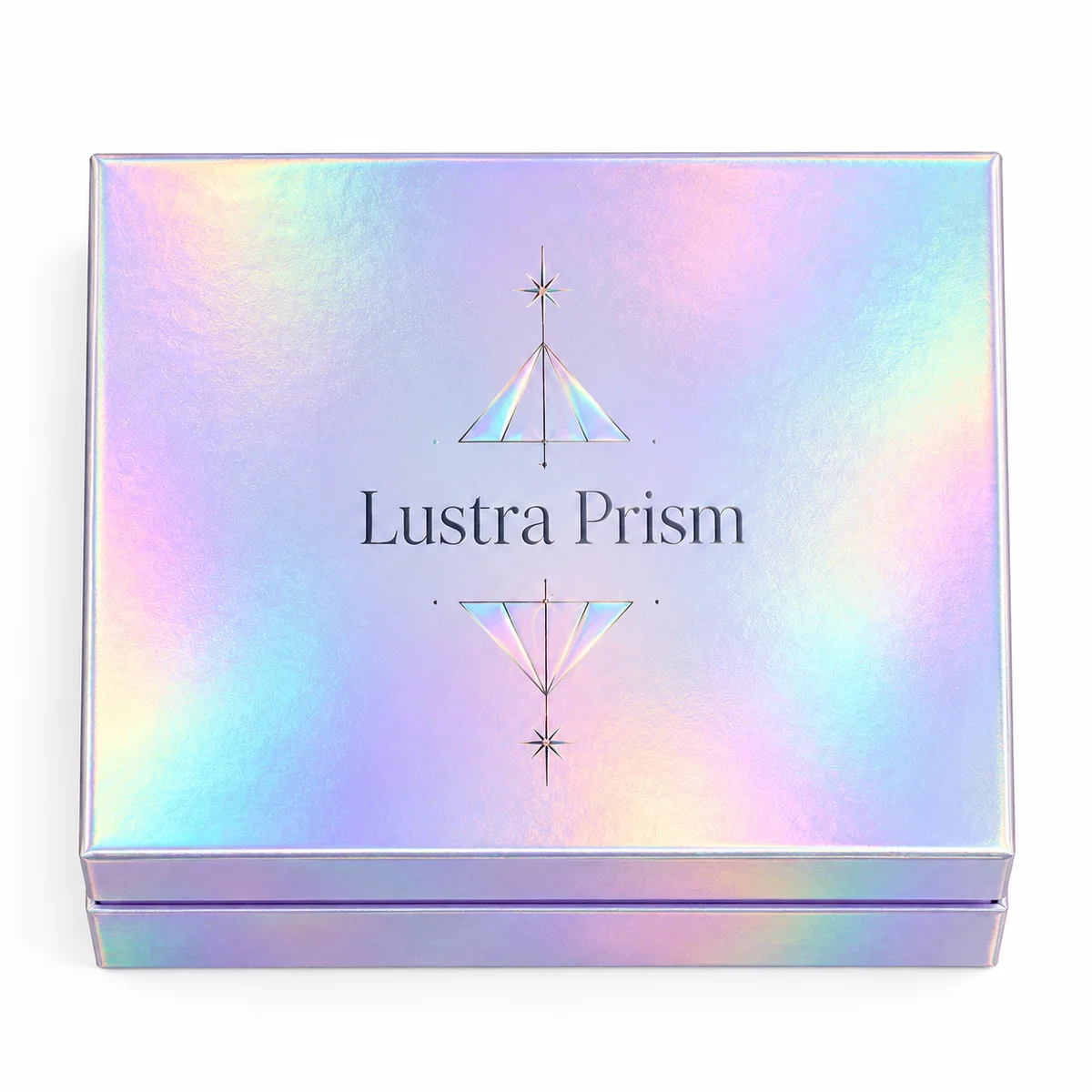 Top-facing view of a holographic rigid gift box showing the Lustra Prism logo, geometric artwork, and pastel rainbow reflections.