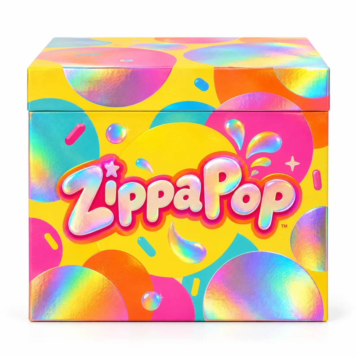 Front view of a ZippaPop holographic rigid box featuring bright yellow, pink and aqua circles with shiny rainbow lettering.
