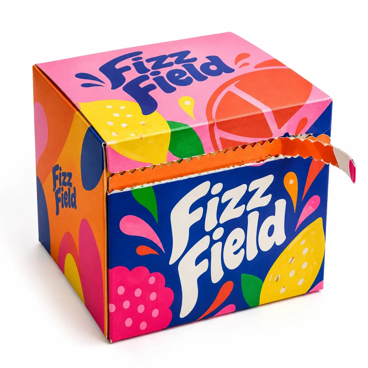 Bright custom influencer kit packaging in pink, orange and blue with fruit-inspired graphics and a partially opened tear strip.