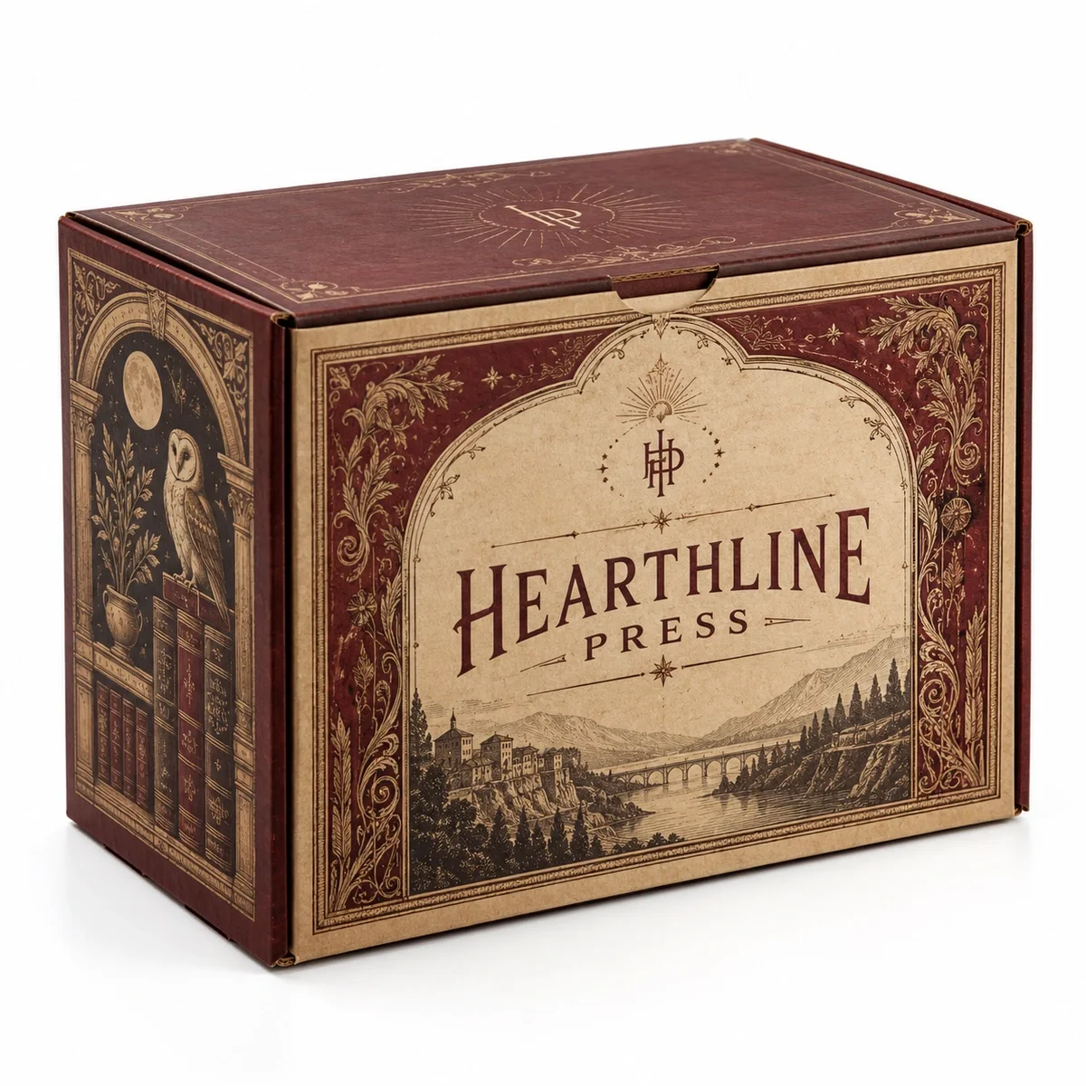 Vintage-style custom influencer kit packaging in burgundy and parchment, with ornate borders and engraved literary artwork.