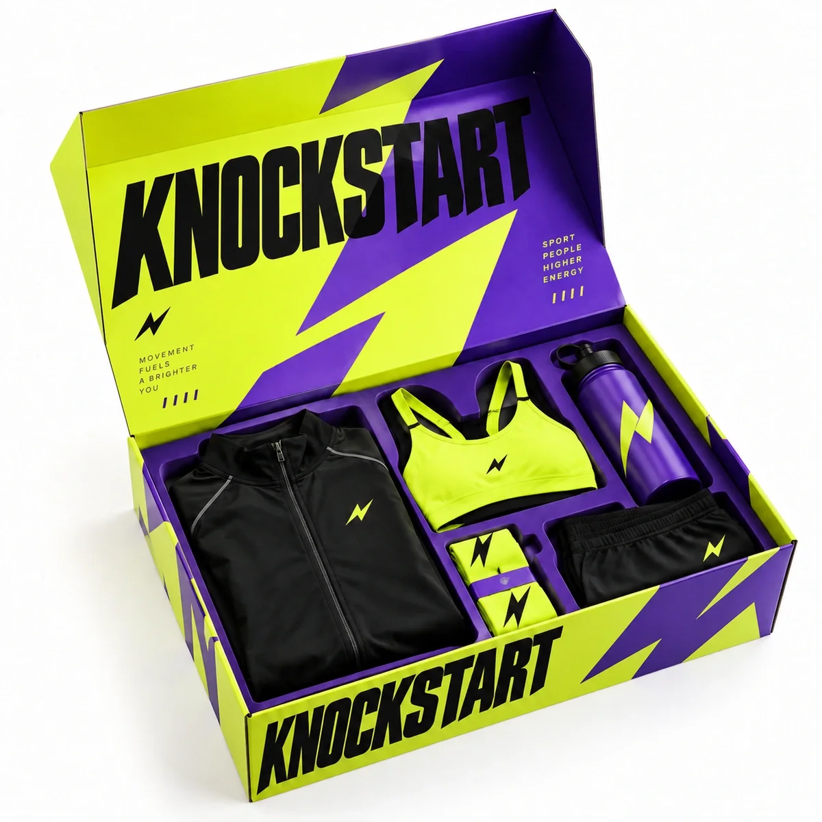 Open sportswear influencer kit packaging in neon chartreuse and violet with bold typography and compartments for athletic products.