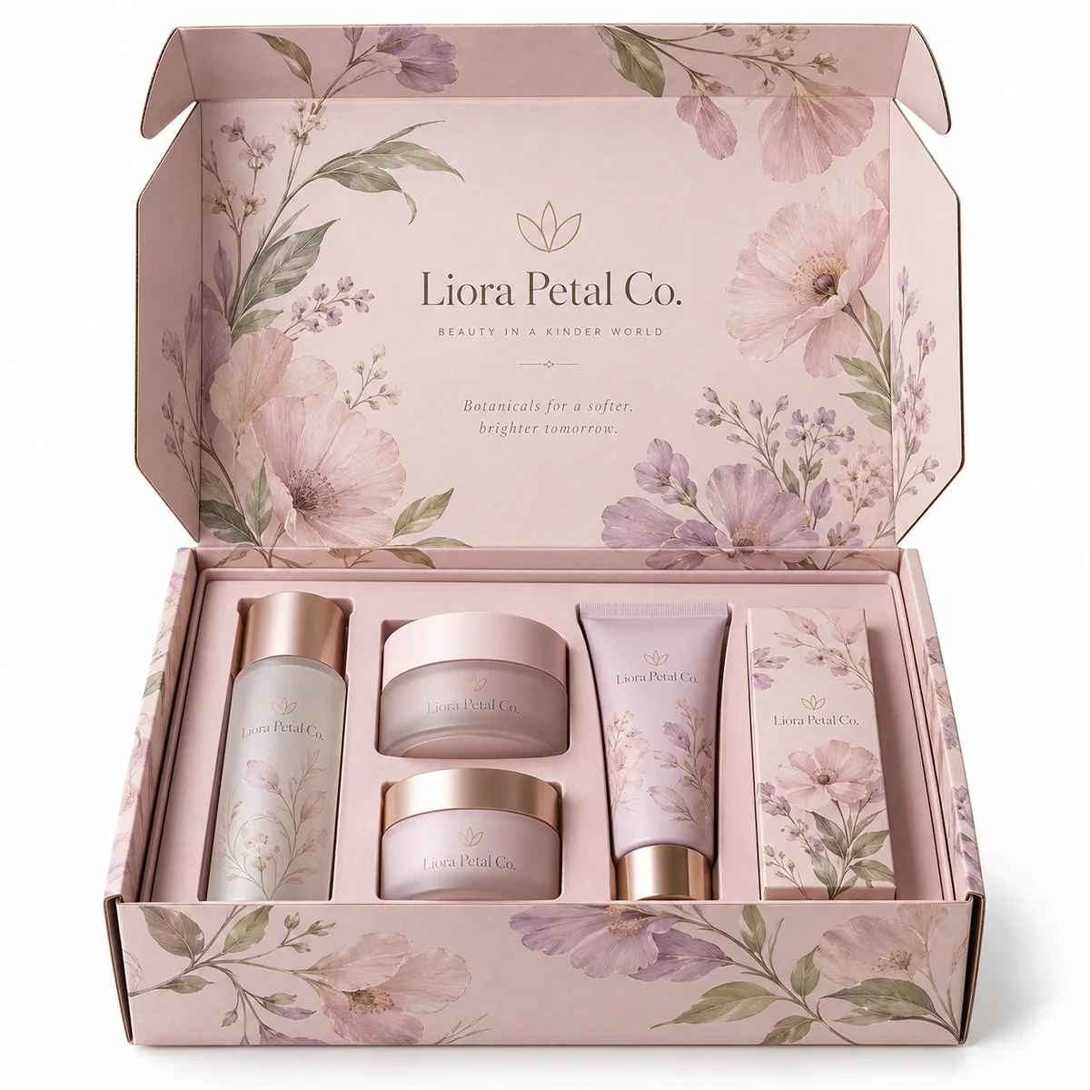 Open pastel-pink influencer kit packaging with floral illustrations and a fitted insert holding skincare bottles, jars and a tube.