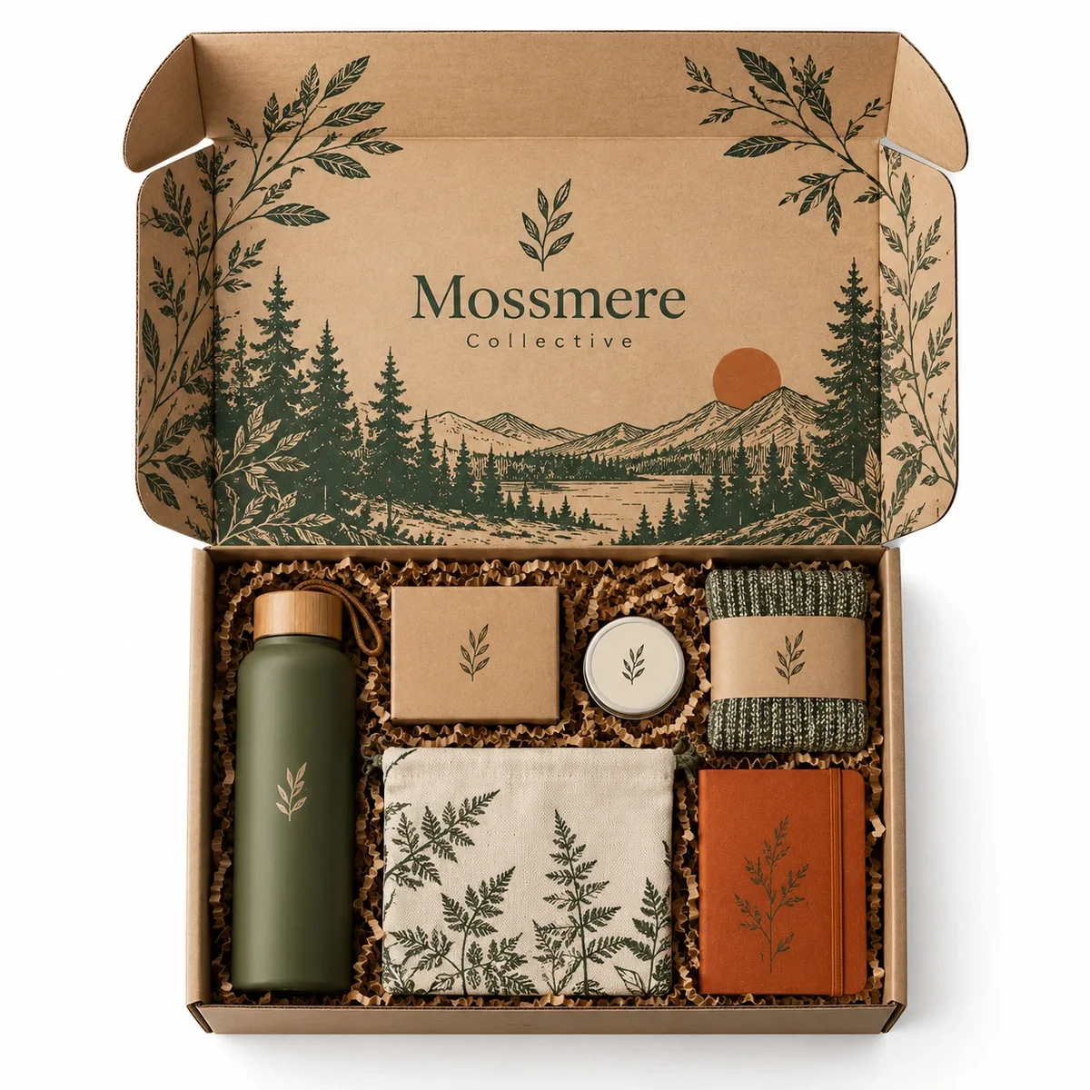 Open kraft influencer kit packaging with forest-green botanical printing, a branded bottle, fabric items and gifts arranged in paper filler.