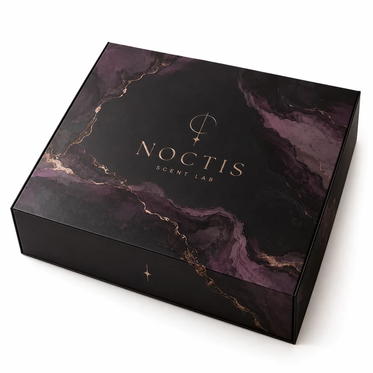 Custom influencer kit packaging for Noctis Scent Lab featuring a closed black rigid box with purple marble artwork and gold lettering.