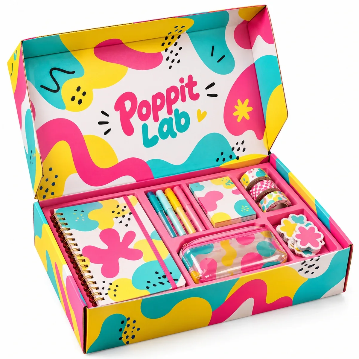 Open colorful influencer kit packaging with turquoise, pink and yellow artwork and compartments for notebooks, pens and stickers.