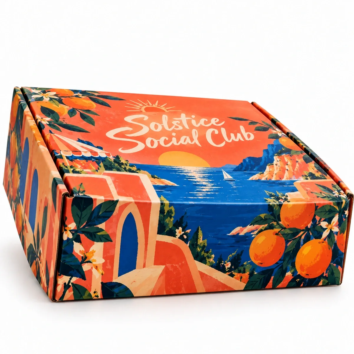Closed influencer kit packaging with vivid coral and blue coastal illustrations, citrus artwork and Solstice Social Club branding.