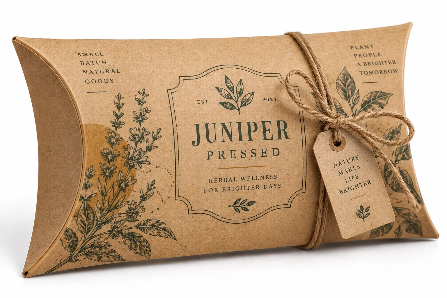 custom kraft pillow box juniper twine tag