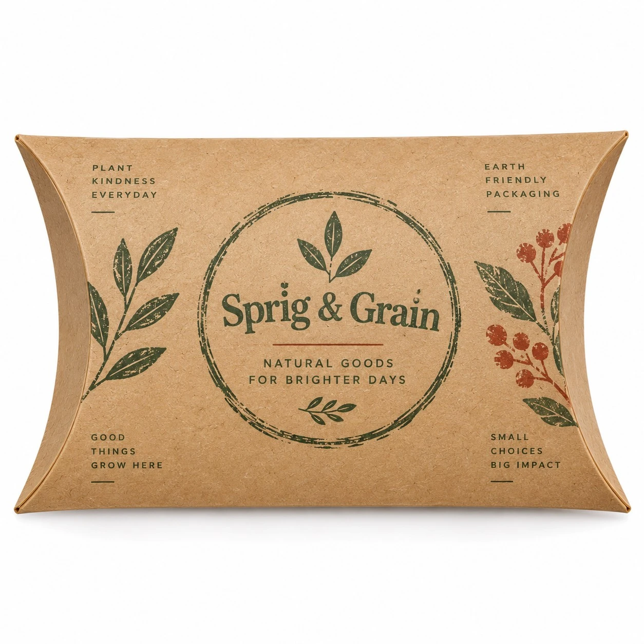 custom kraft pillow box sprig grain stamp