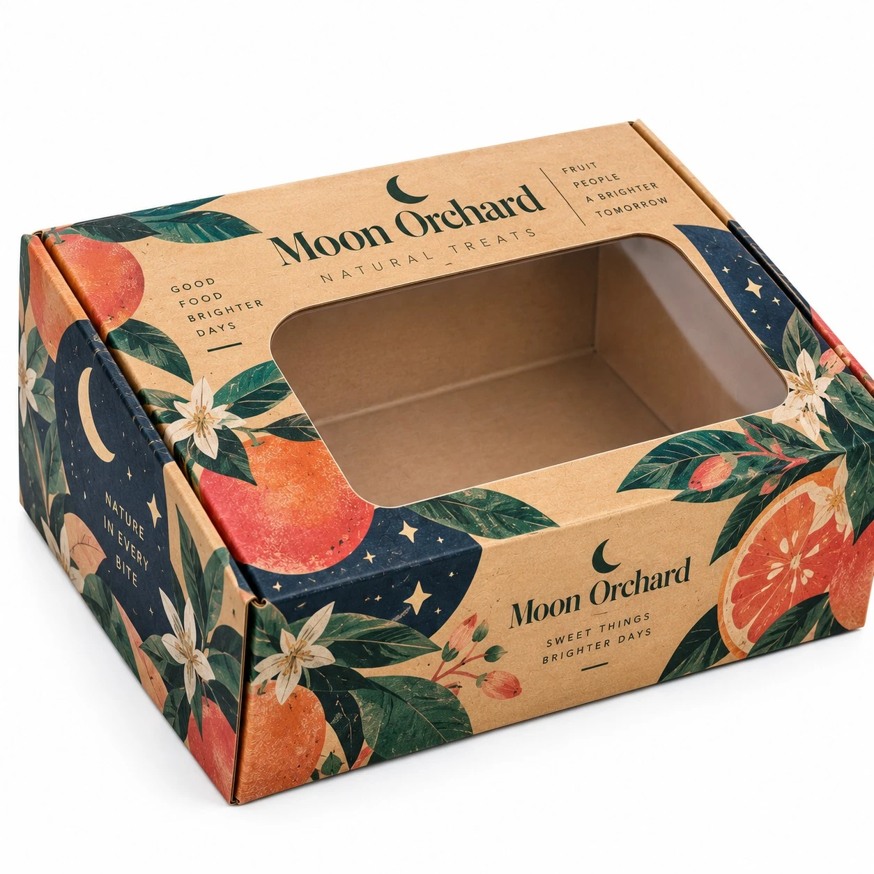 custom kraft window boxes moon orchard illustrated