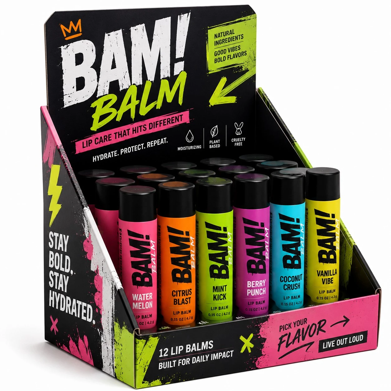 custom lip balm display boxes neon brutalist