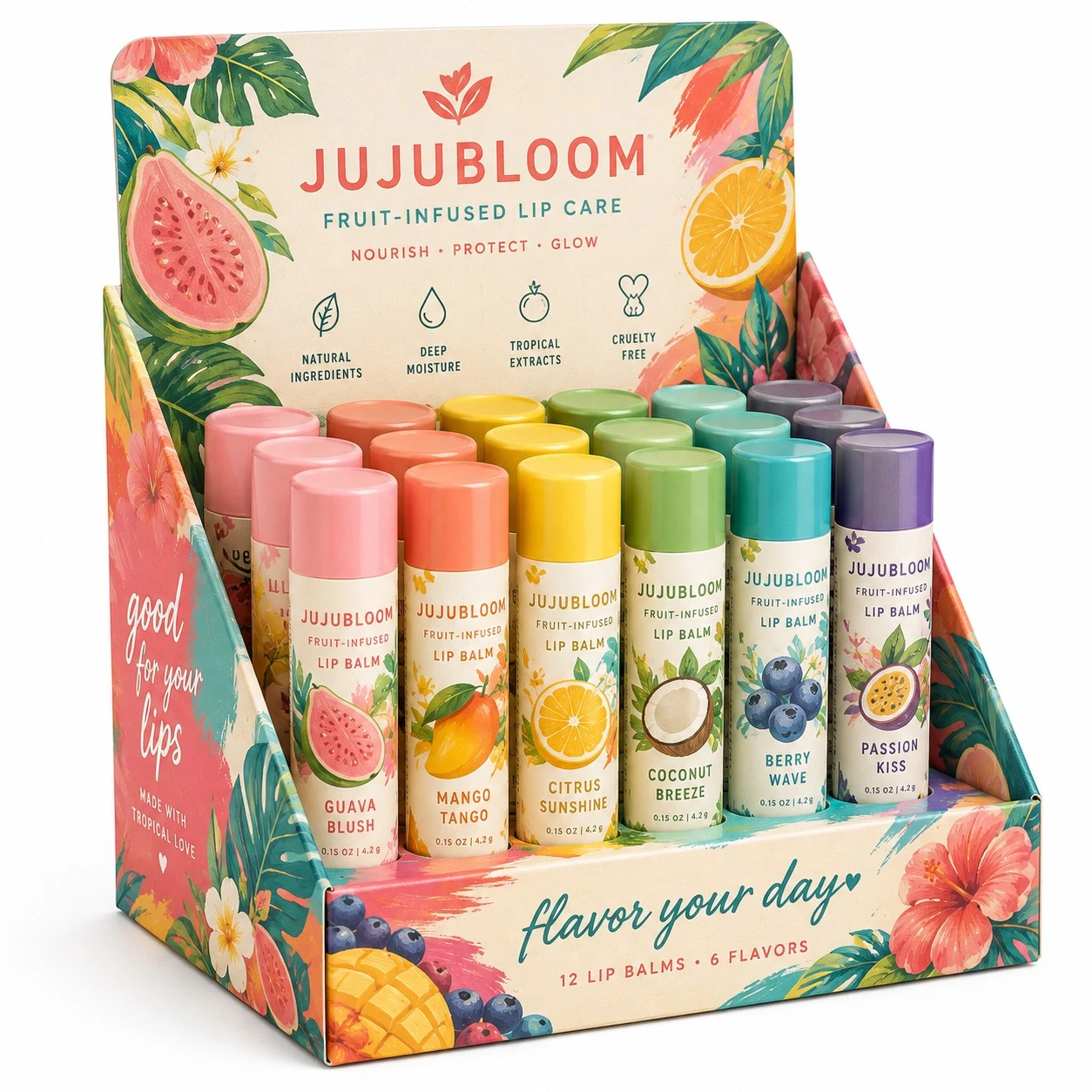 custom lip balm display boxes tropical fruit