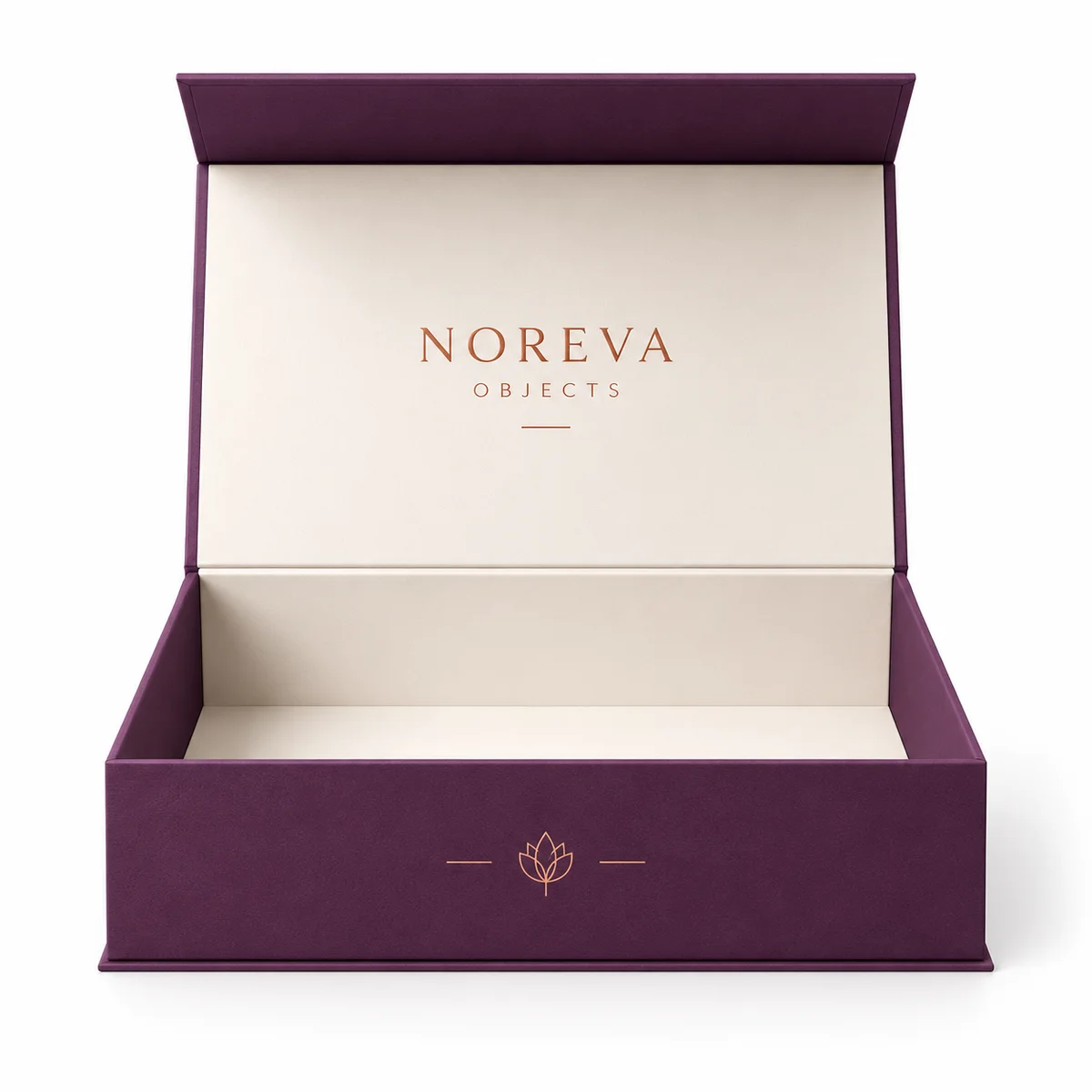 Straight-on front view of an open plum magnetic gift box with copper foil branding, ivory interior, and matching front emblem.