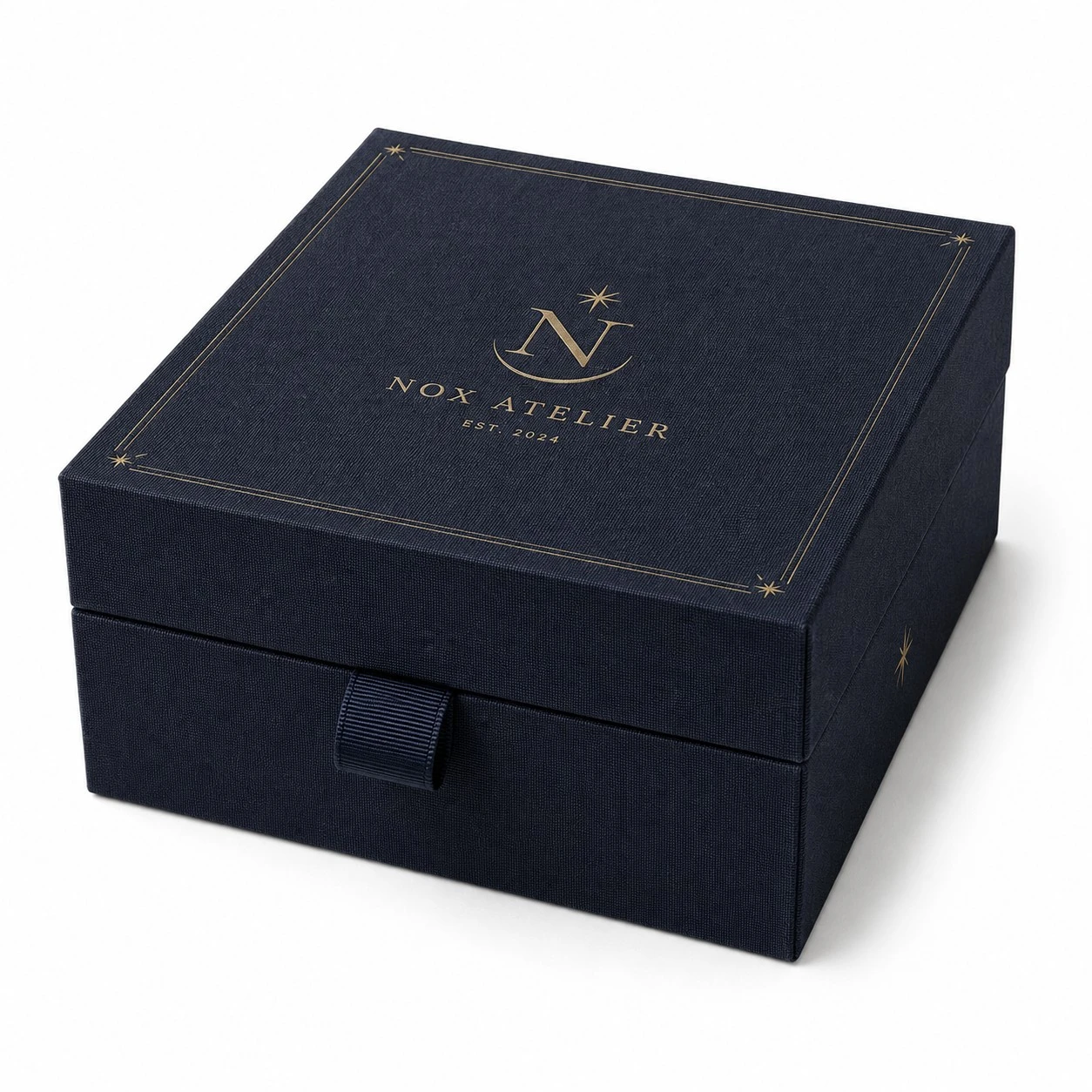 custom navy fabric box gold foil nox atelier