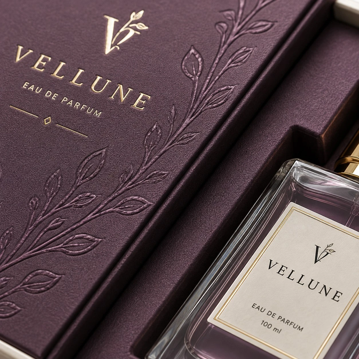 custom perfume boxes vellune embossed detail