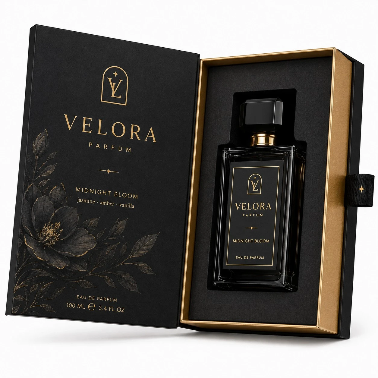 custom perfume boxes velora black gold book box