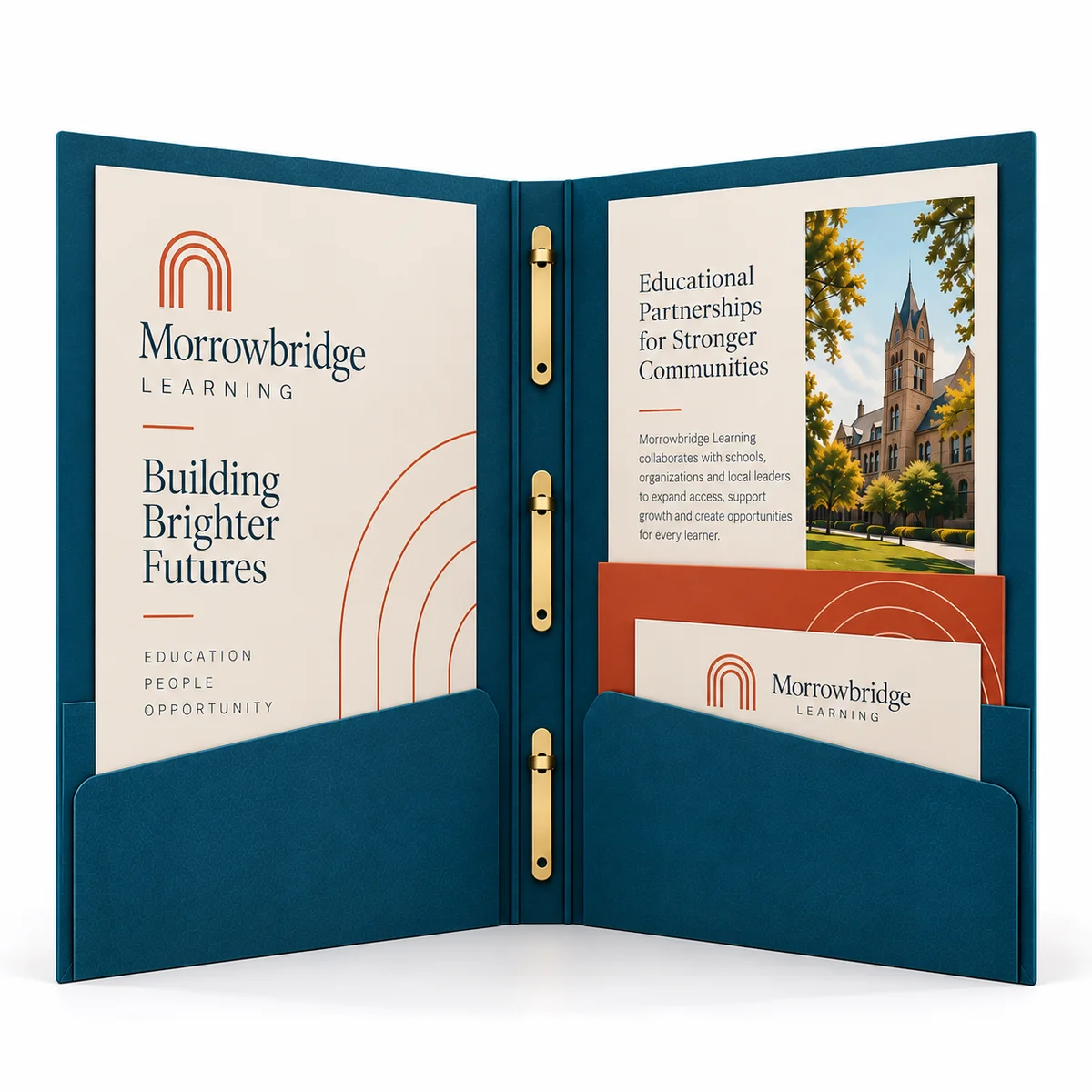Straight-on view of an open custom printed 3 prong folder with Morrowbridge Learning artwork and two teal document pockets.