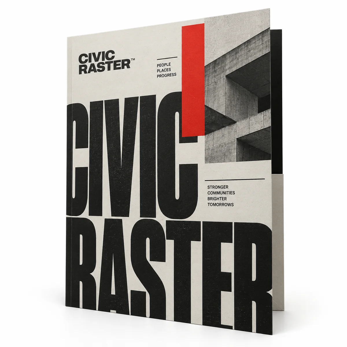 Upright Civic Raster pocket folder with oversized black typography, architectural graphics, and a bright red accent.