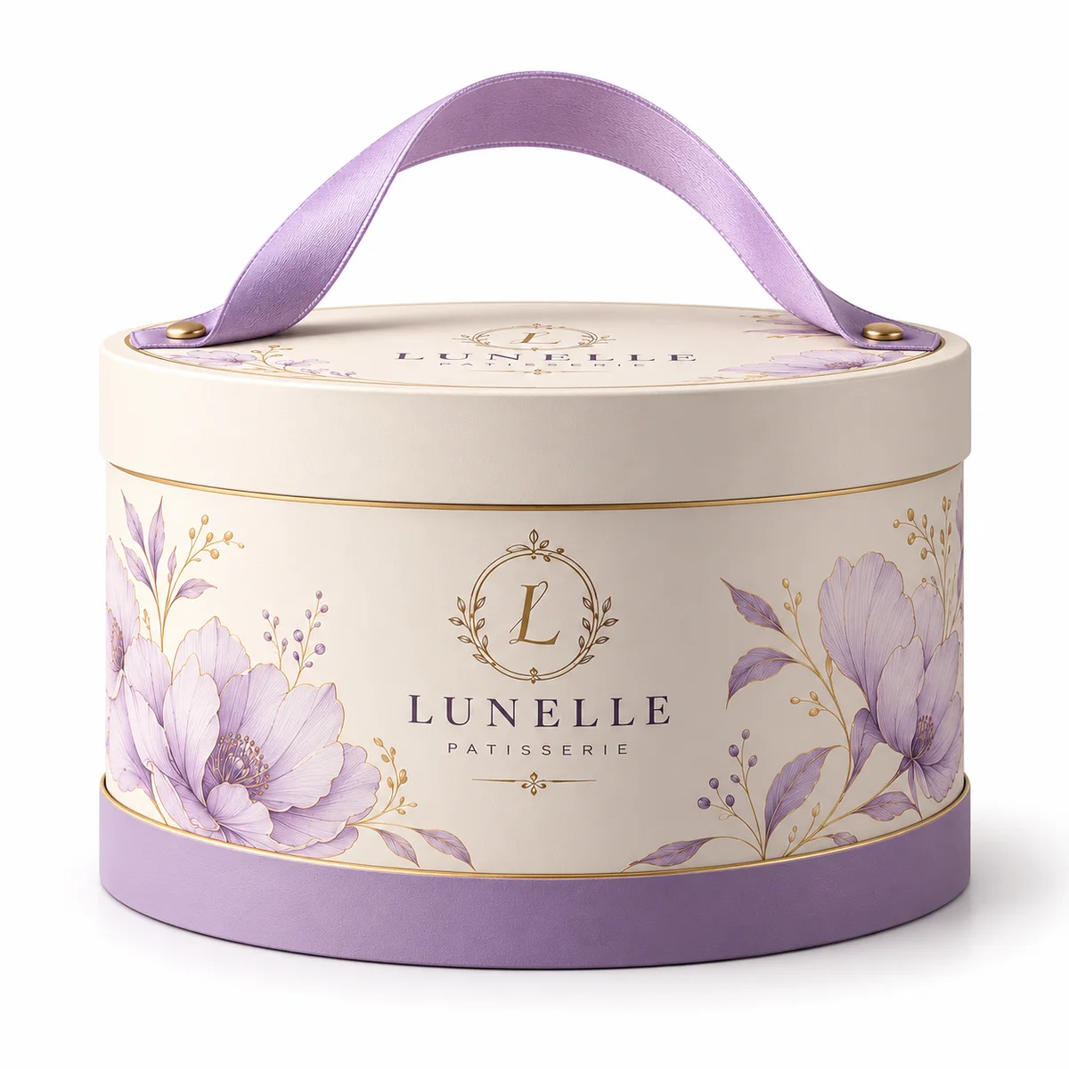 Side profile of a cylindrical cake box with ivory paperboard, lavender botanical printing, and matching purple base