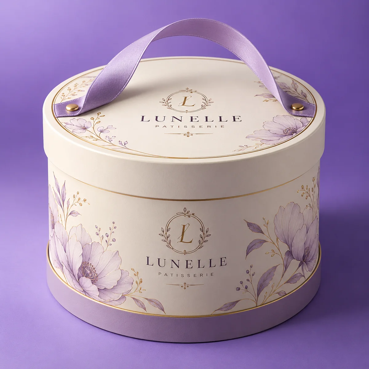Custom round cake box with ivory floral printing, lavender ribbon handle, gold trim, and fitted circular lid