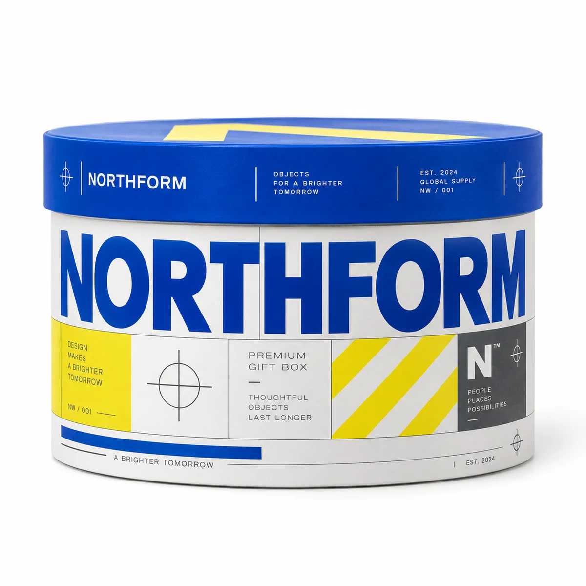 Blue and white cylindrical gift box with a fitted lid, oversized NORTHFORM typography and bold yellow graphic accents.