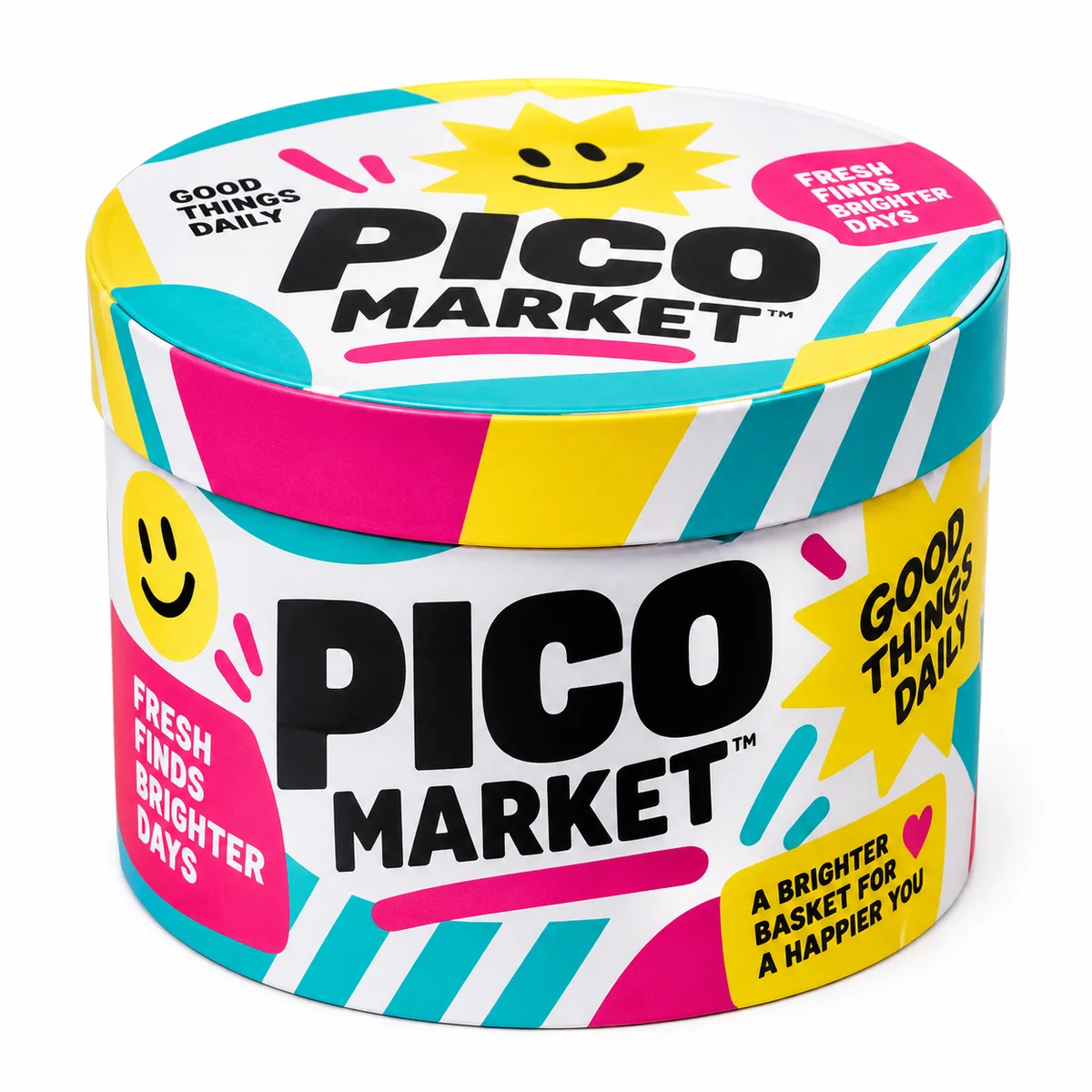 Round gift box with a fitted lid, bold turquoise, pink and yellow graphics, smiley motifs and PICO MARKET lettering.