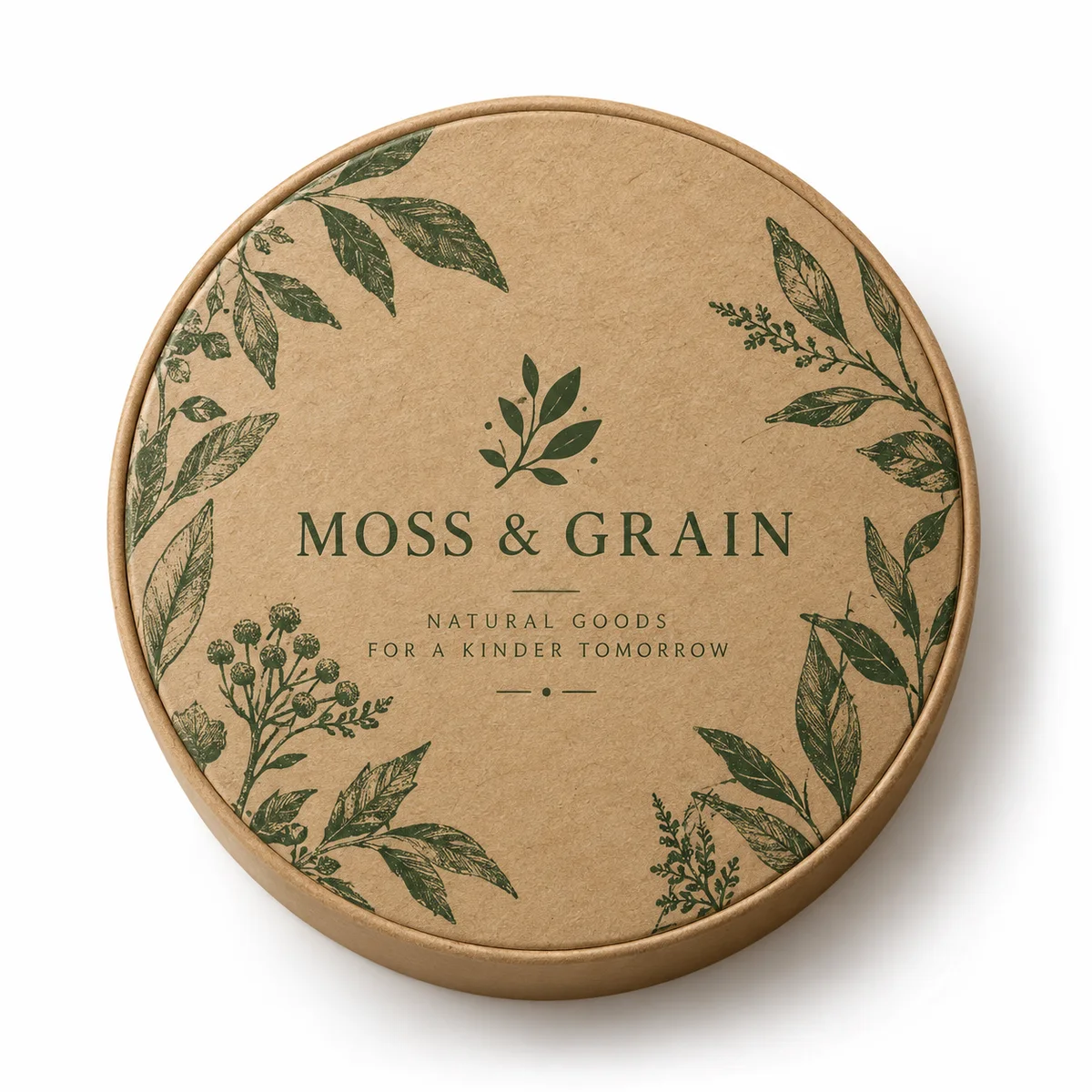 Top-down view of a kraft round gift box lid with forest-green botanical illustrations and MOSS & GRAIN branding.