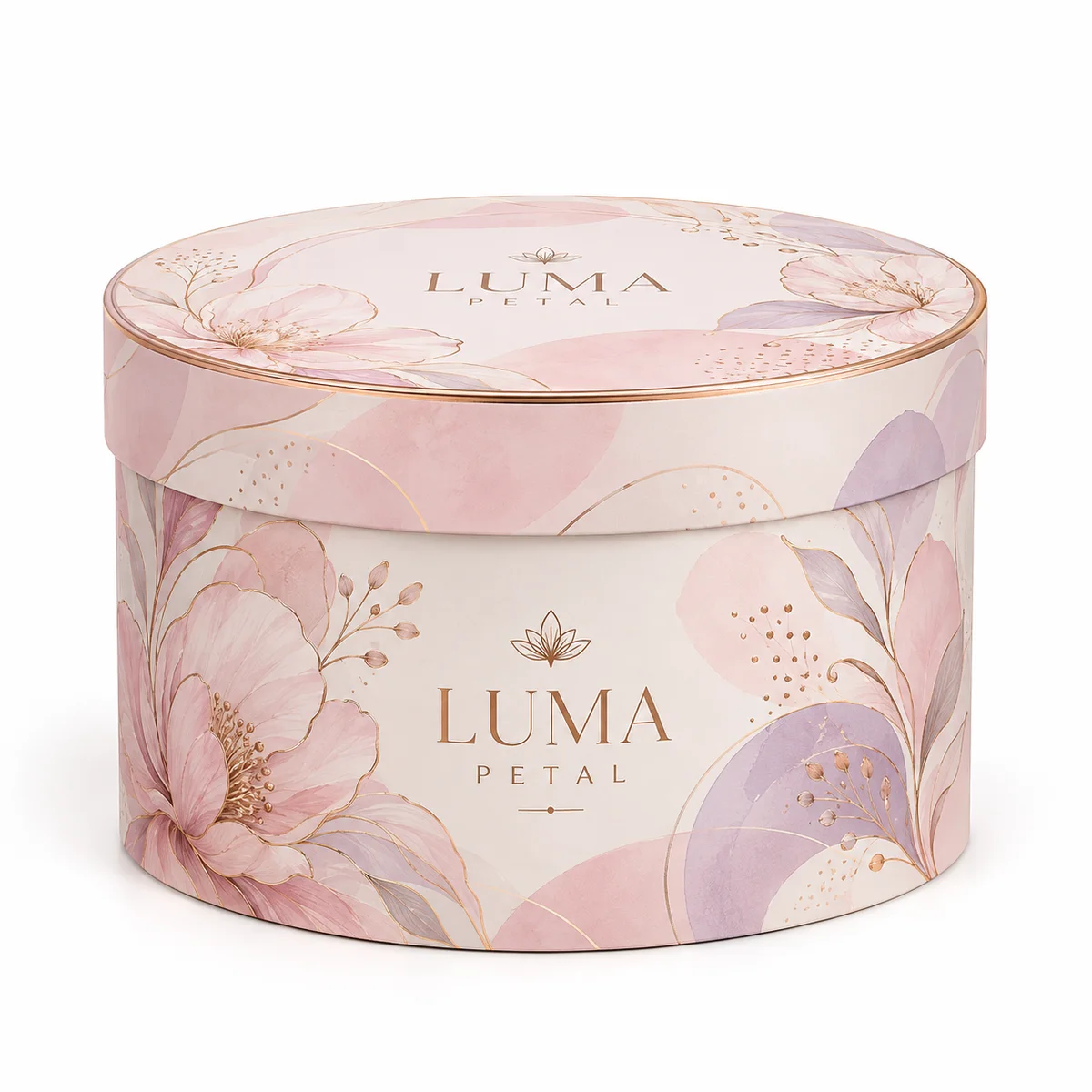 Pastel pink and lilac round gift box with a removable lid, fine gold borders and LUMA PETAL floral artwork.