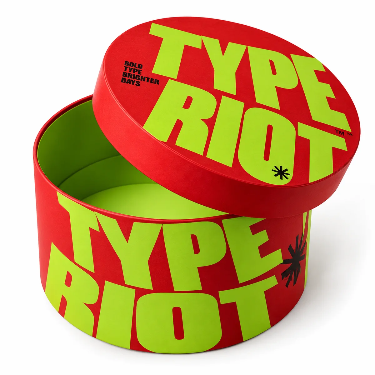 Open red round gift box with lime-green interior and oversized TYPE RIOT lettering printed across the lid and sides.