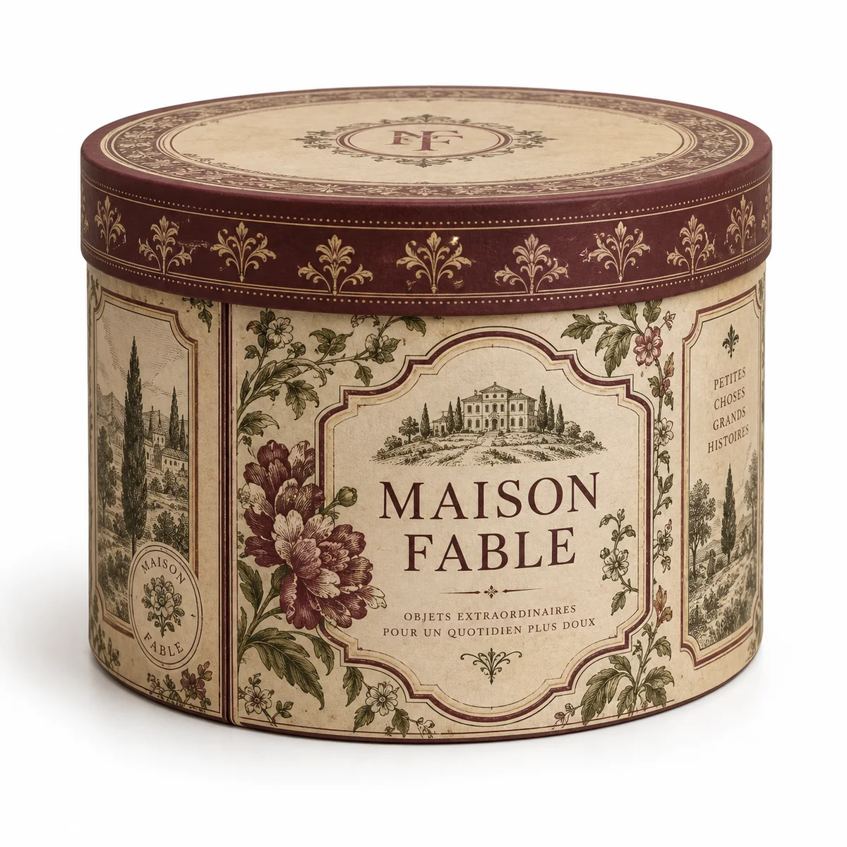 Vintage-style cylindrical gift box with burgundy lid, ornamental borders and illustrated MAISON FABLE packaging.