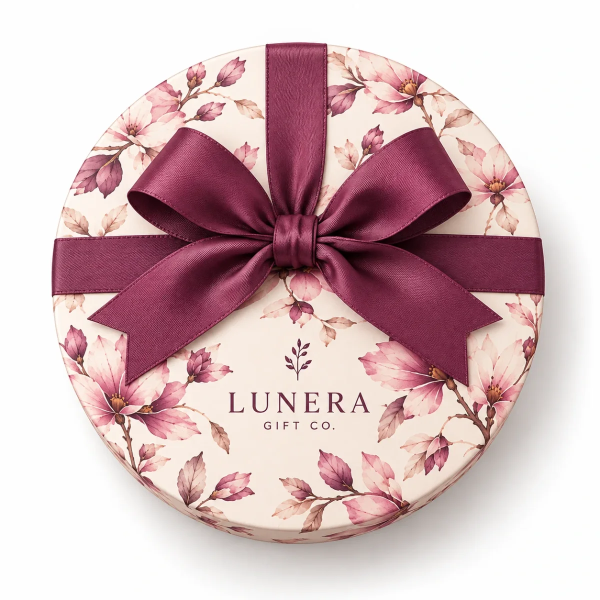 Overhead view of the LUNERA GIFT CO. round gift box lid with pink floral artwork, plum satin bow and ivory paper finish on white.