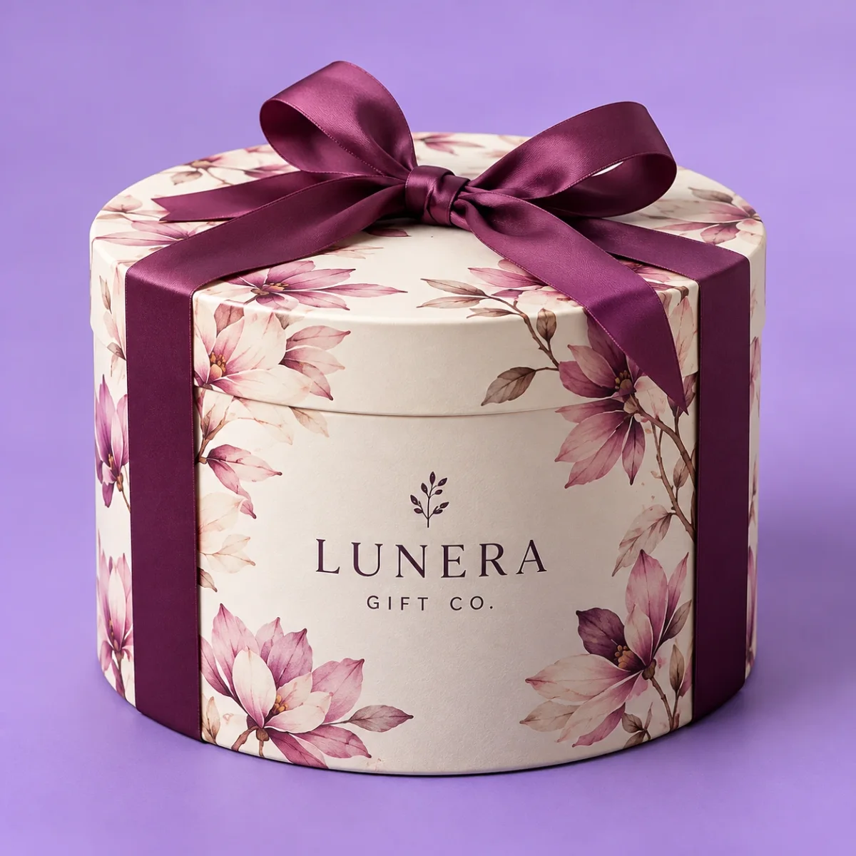 Angled view of an ivory LUNERA GIFT CO. cylindrical gift box with fitted lid, floral artwork and plum satin ribbon on lavender.