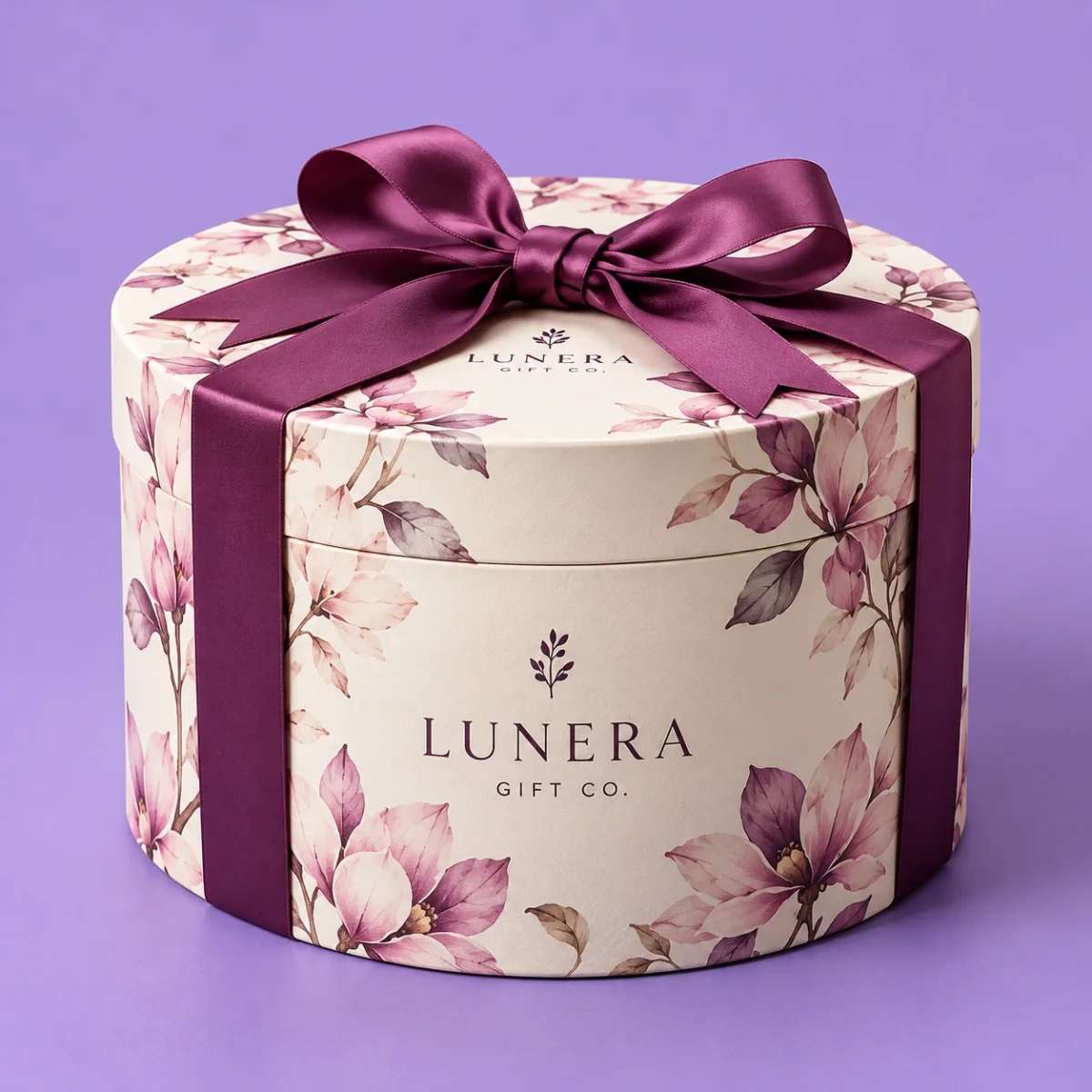 Elevated view of the LUNERA GIFT CO. round gift box showing its floral printed lid, matching rigid base and plum ribbon bow.