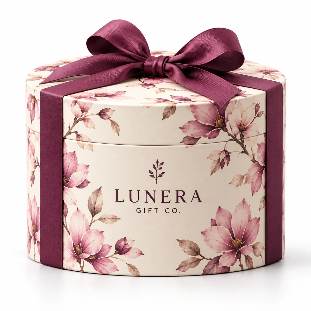 Nearly front-facing LUNERA GIFT CO. ivory round gift box with fitted lid, pink magnolia print and plum ribbon on white.