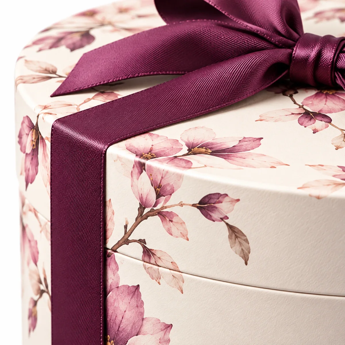 Close-up of LUNERA round gift box showing the fitted lid seam, printed floral paper wrap and textured plum satin ribbon on white.