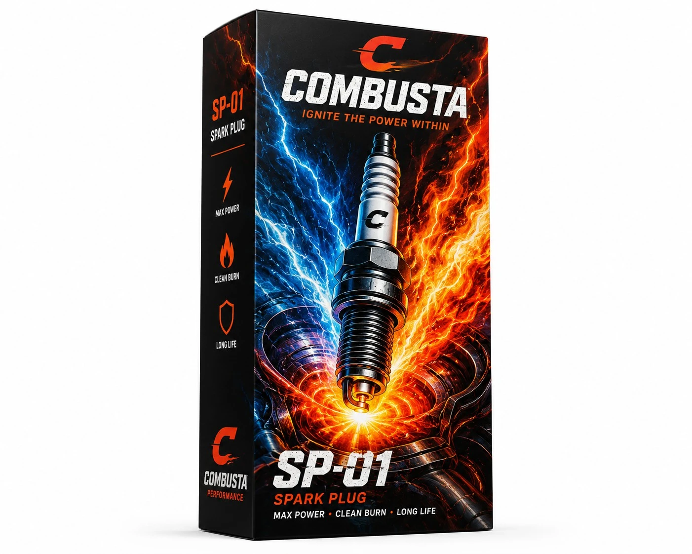 custom spark plug box combusta flame wrap