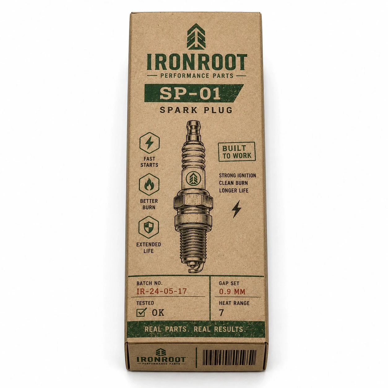custom spark plug box ironroot kraft top view