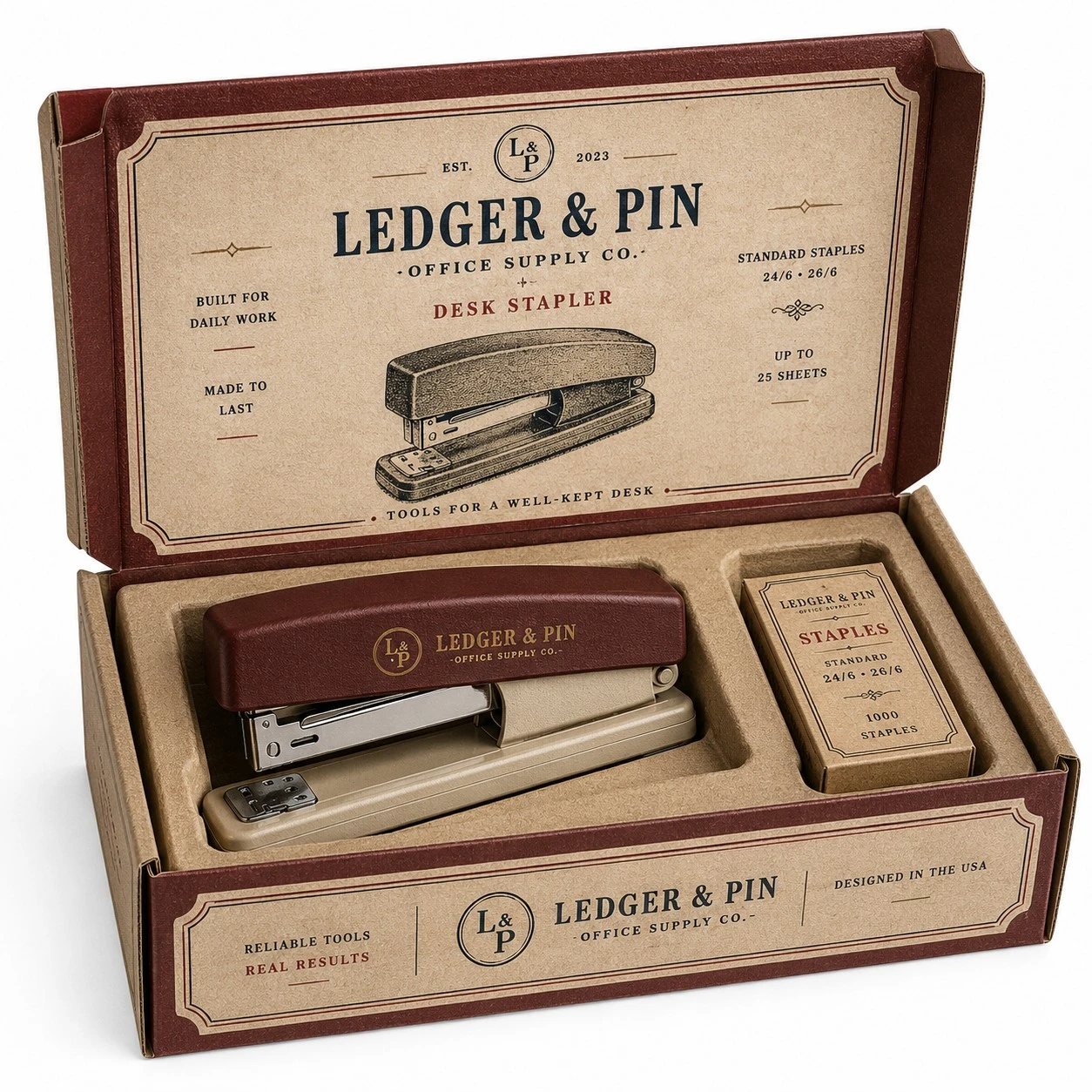 custom stapler boxes ledger pin open gift set