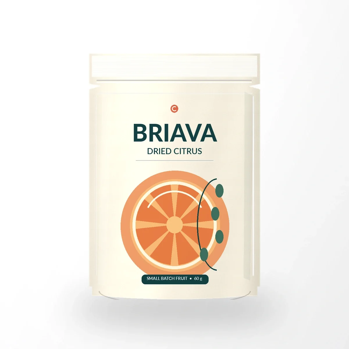 Straight-on front view of cream BRIAVA packaging with deep green branding and orange citrus artwork.